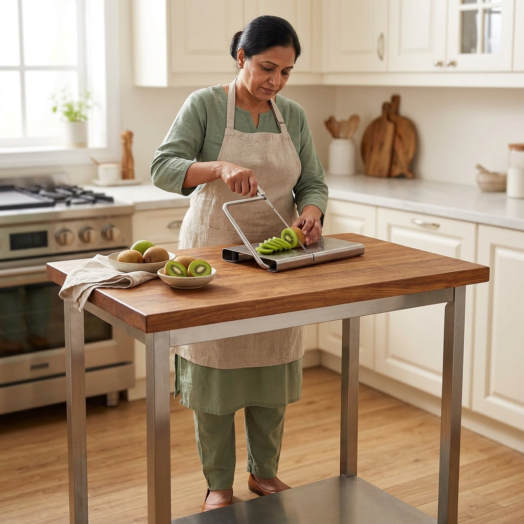 Full-body fruit cutting scene