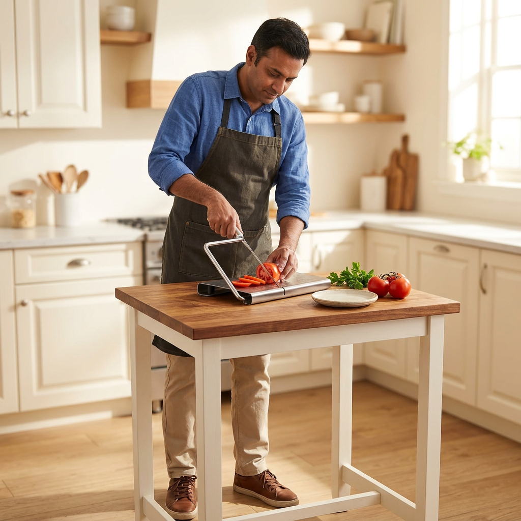 Full-body vegetable cutting scene