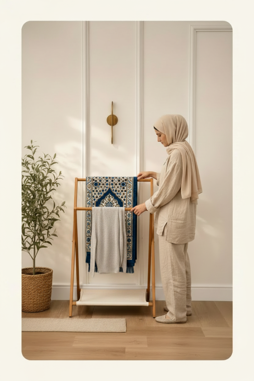 Hijab woman with only prayer mat - front view