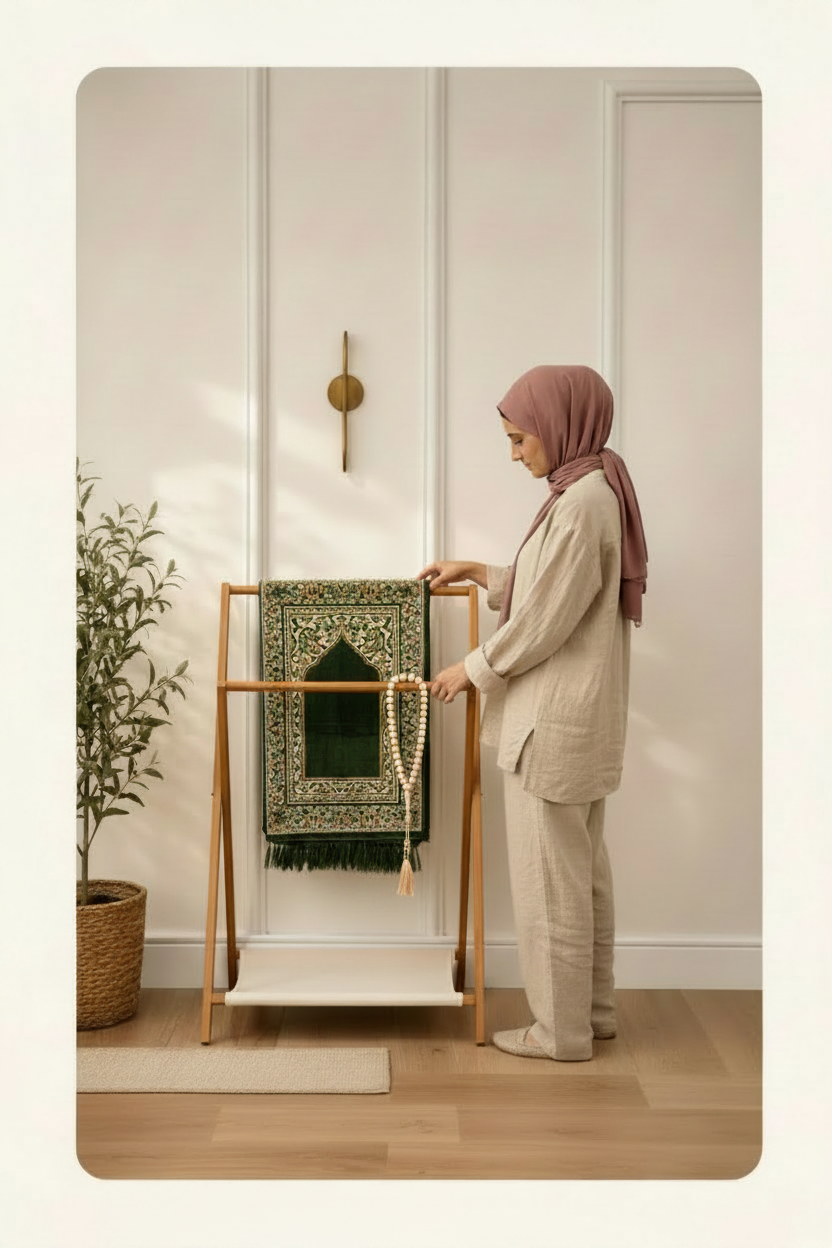 Hijab woman with prayer mat and tasbeeh - new background