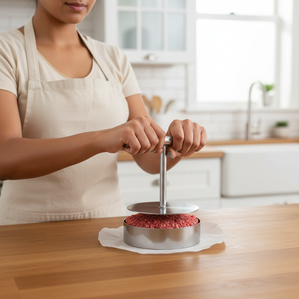 Woman using a stainless steel burger patty press in a kitchen