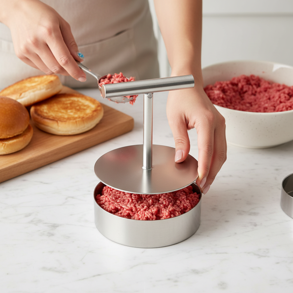 Woman preparing minced meat with a stainless steel burger patty press
