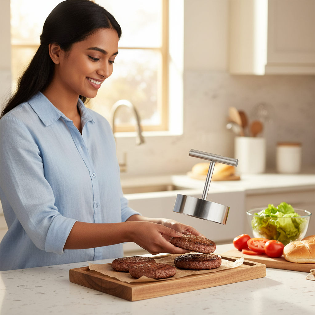 Woman removing a round burger patty from a stainless steel patty press